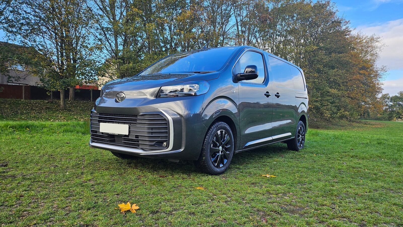 Dark grey van parked on a grassy field.